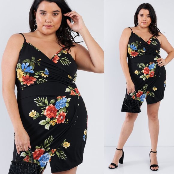 Plus Size Black Floral Wrap Skort Romper - Picture 1 of 7
